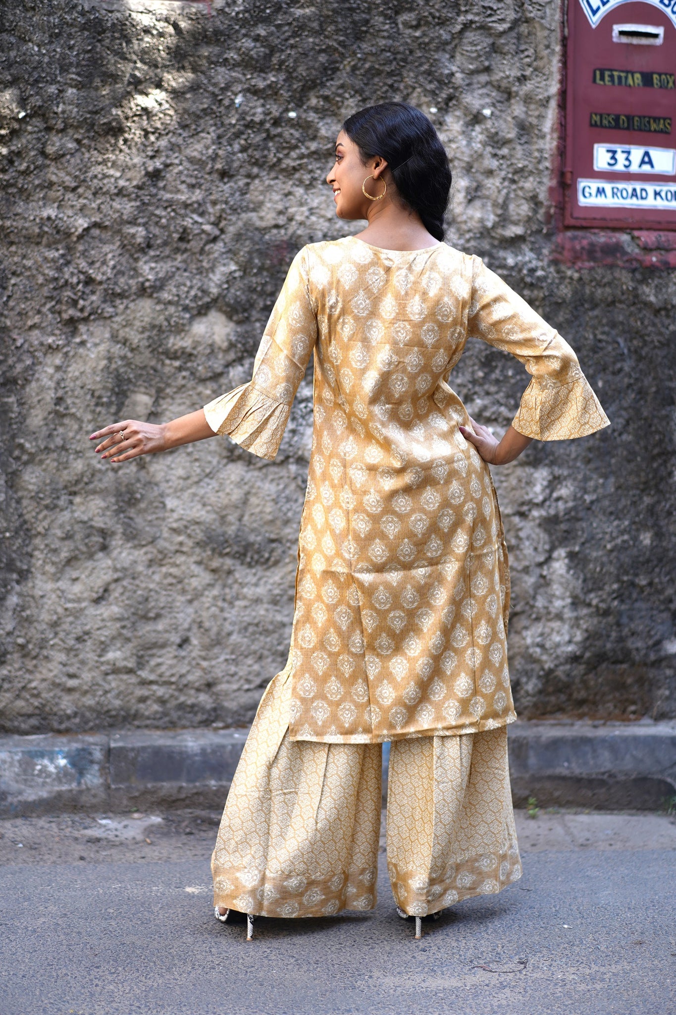 Beige Color Long Kurti with Sharara Pant and Leafy Design