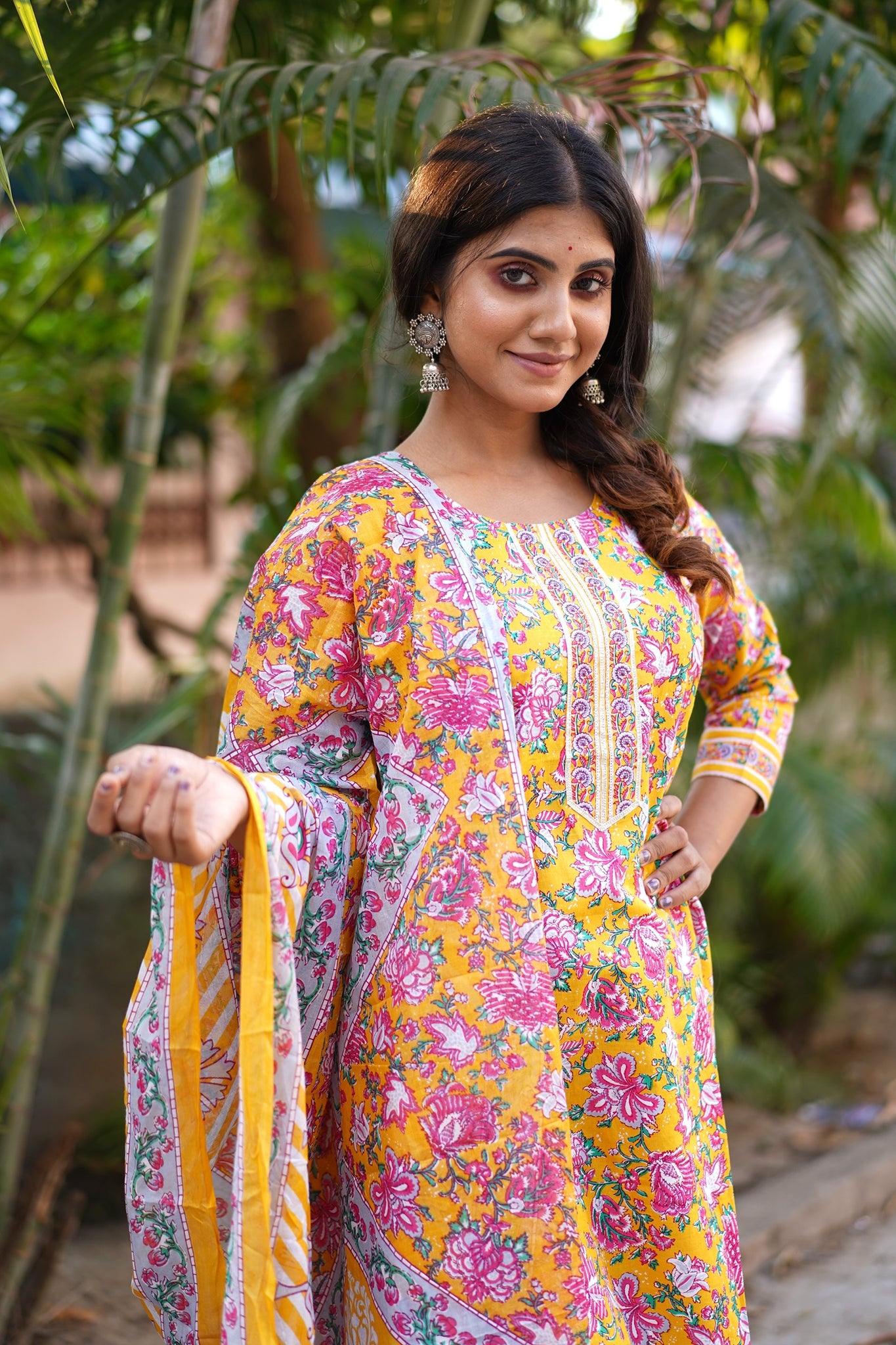 Yellow Color Gota Work Kurti with Pant and Dupatta with Floral Design