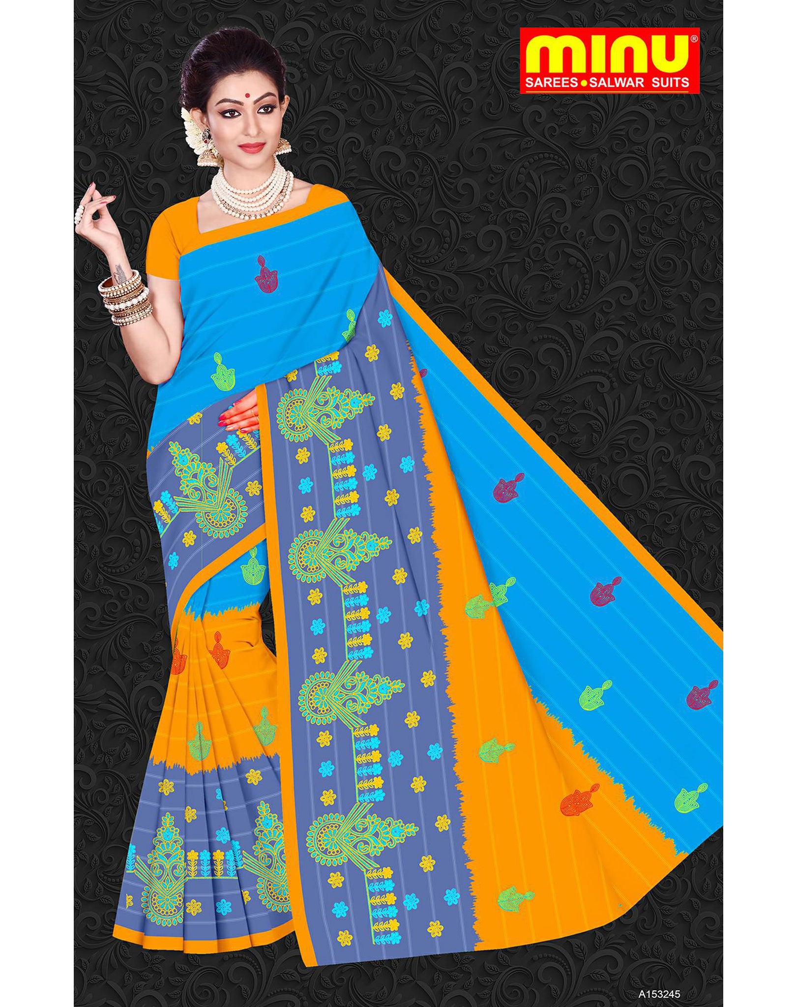 Minu Embroidered Party/Festive Wear Cotton Saree (Multicolor)