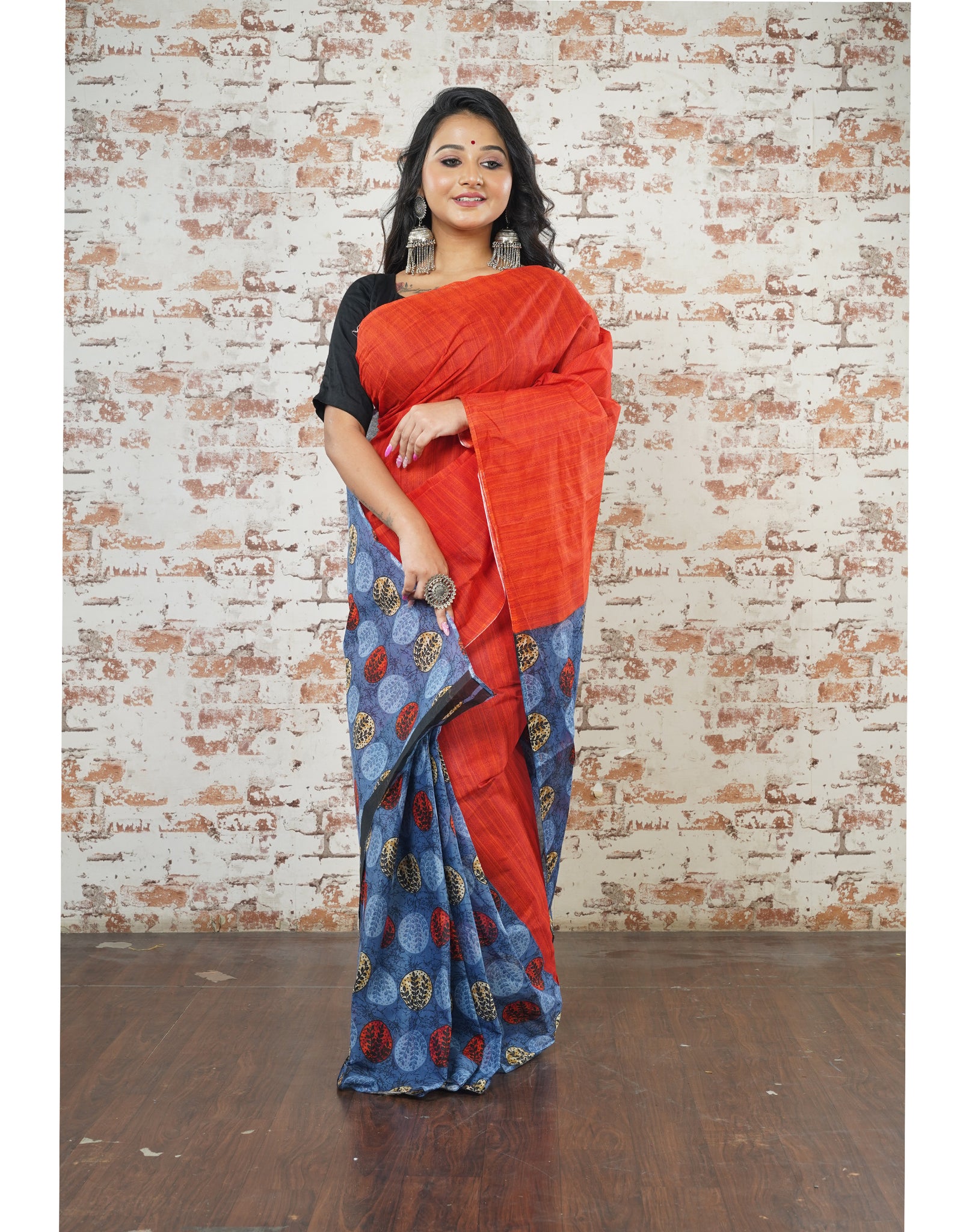 Red and Blue Saree with Circular Print at the Bottom
